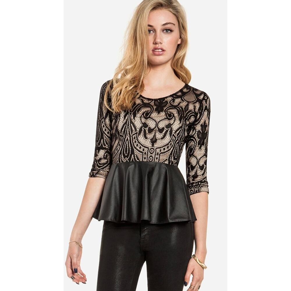 Lovers + Friends Soirée Lace & Faux Leather Peplum Top XS